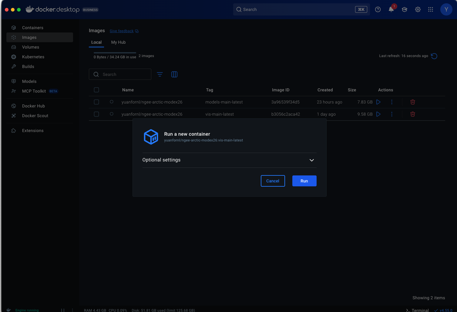 Docker Desktop App - image 'yuanfornl/ngee-arctic-modex26:vis-main-latest' RUN setting page