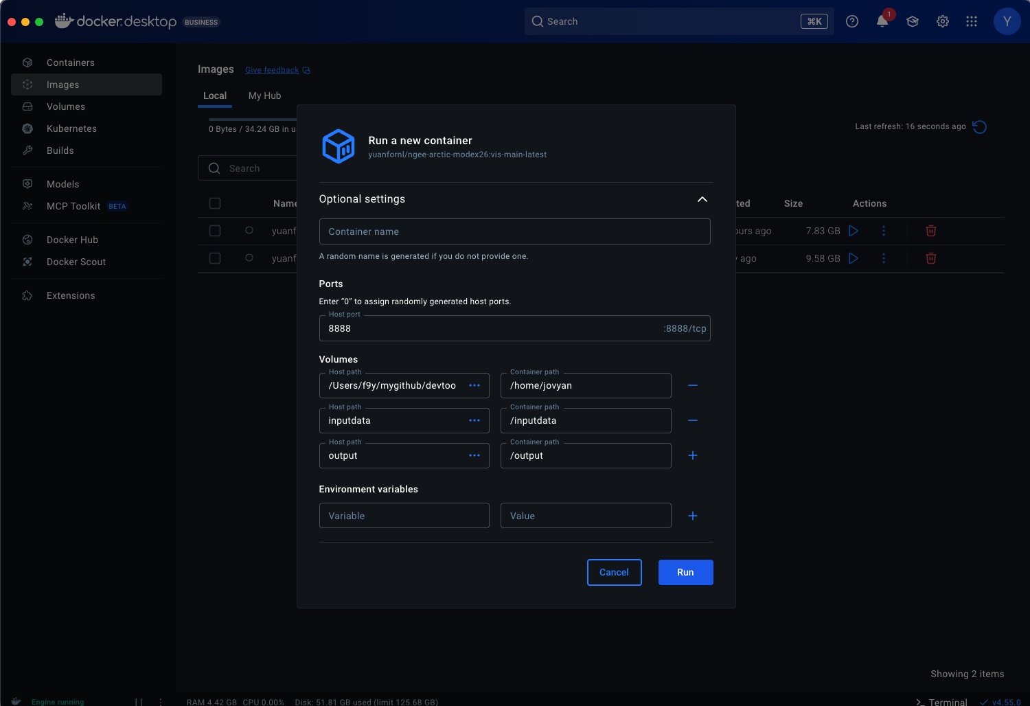 Docker Desktop App - image 'yuanfornl/ngee-arctic-modex26:vis-main-latest' RUN setting editing