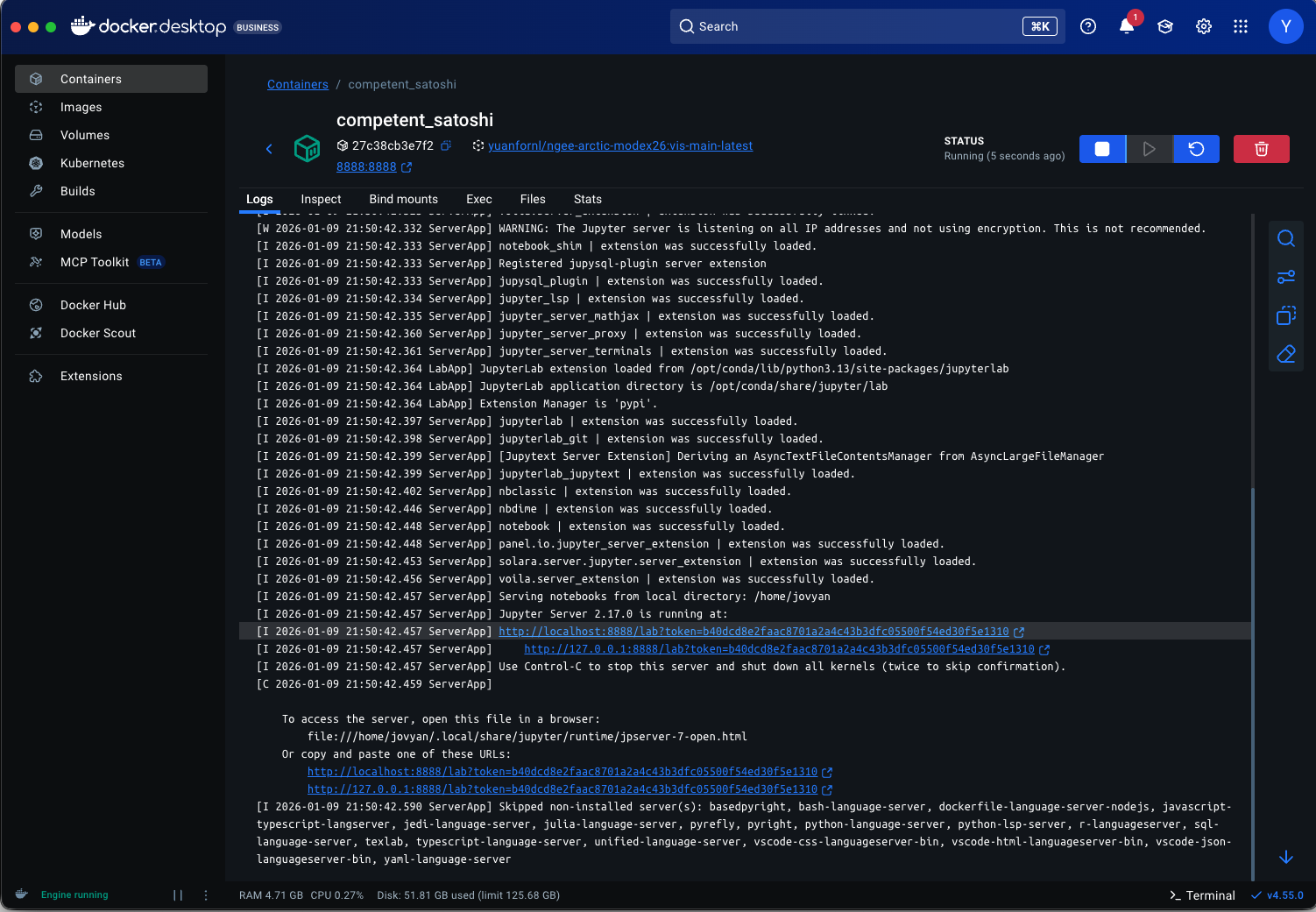 Docker Desktop App - image 'yuanfornl/ngee-arctic-modex26:vis-main-latest' RUN jupyter notebook loading